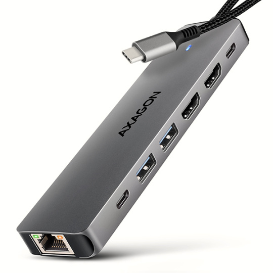 AXAGON HMC-7HX2, USB 5Gbps hub, 2x USB-A, USB-C, 2x HDMI 4k/60Hz, RJ-45 GLAN, PD 100W, kábel USB-C 15cm