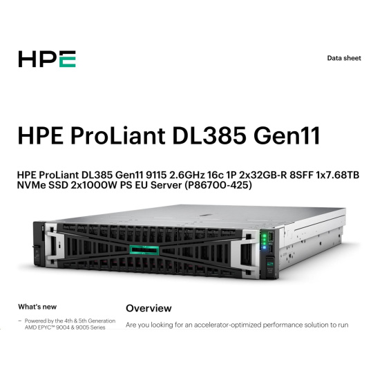 HPE PL DL385g11 AMD EPYC 9115 (2.6/16C) 2x32G (P64985) 1x7.68TB NVMe MR408i-o 2x1000W 8SFF 2p10GT Smart Choice