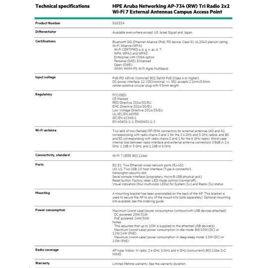HPE Aruba Networking AP-734 (RW) Tri Radio 2x2 Wi-Fi 7 External Antennas Campus Access Point S1G32AR RENEW HPE Aruba Networking AP-734 (RW) Tri Radio 2x2 Wi-Fi 7 External Antennas Campus Access Point S1G32AR RENEW