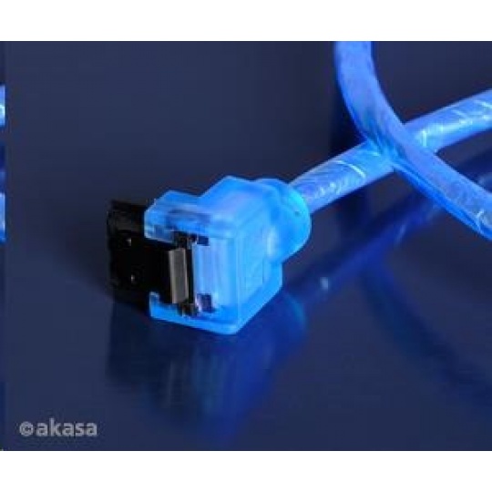 Dátový kábel AKASA SATA3 pre HDD, SSD a optické mechaniky, zahnutý konektor, modrý UV svetelný, 1 m