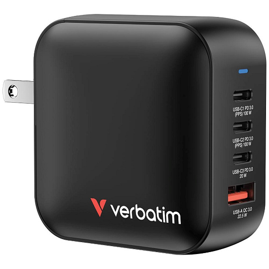 VERBATIM GaN Nabíječka Mini GaN 100W, 3xUSB-C, 1x USB-A, černá VERBATIM GaN Nabíječka Mini GaN 100W, 3xUSB-C, 1x USB-A, černá