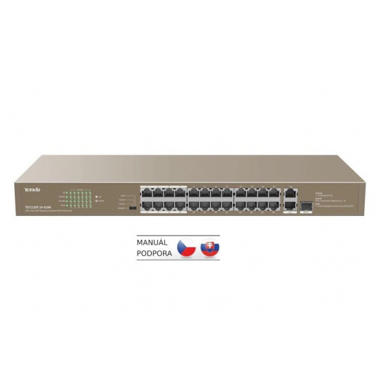 Tenda TEF1126P-24-410W - PoE AT Switch 370Watt, 24xRJ45 10/100 Mbps PoE, 2x Gigabit Uplink RJ45/SFP, bez ventilátora, kov