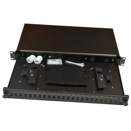 1U optický výsuvný zásobník, 24x SC simplex (24x LC duplex, 24x E2000), vrátane kazety na 24 zvarov, čierny