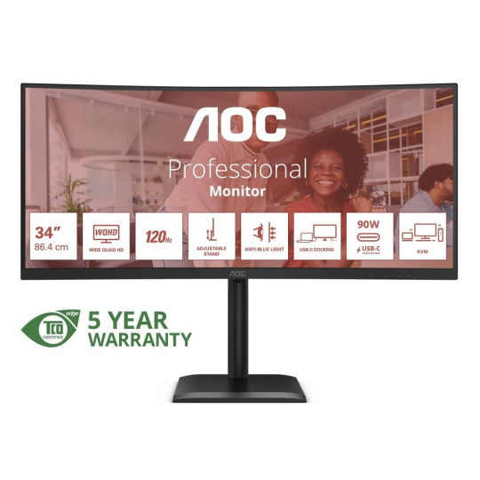 AOC MT 34" CU34E4CV - 3440x1440,VA,120Hz,HDR10,2xHDMI,DP,USBhub,USB-C,RJ45,repro,Zakřivený