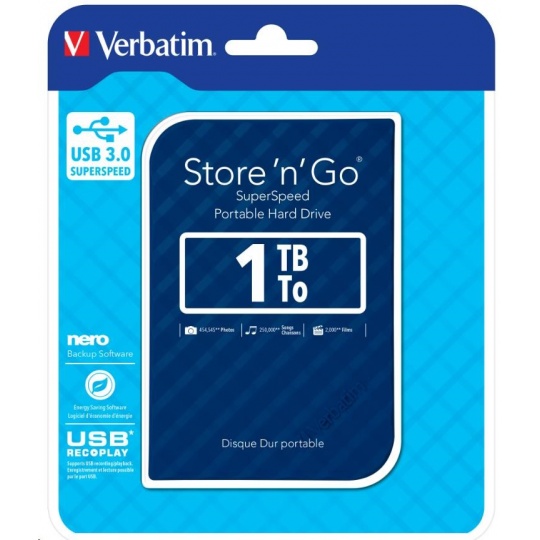 VERBATIM HDD 2.5" 1TB prenosný pevný disk Store 'n' Go USB 3.0, Modrá GEN II