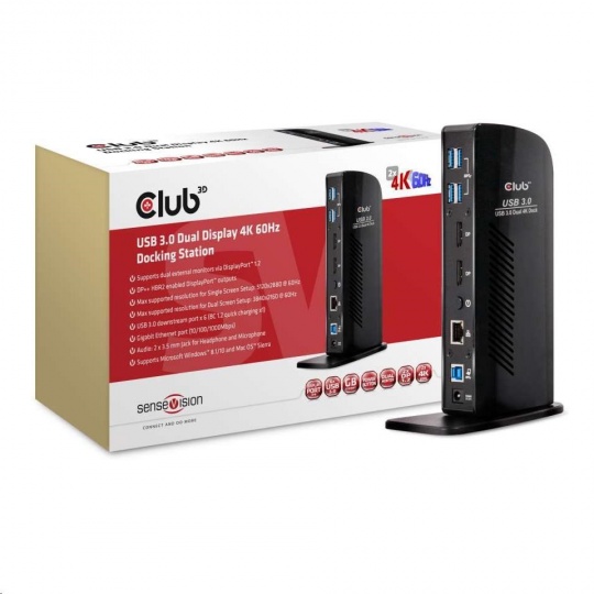 Club3D Dokovací stanice USB-A a USB-C Dual Display 4K60Hz (6x USB 3.0/2x DP/Ethernet/USB-B/2x audio)