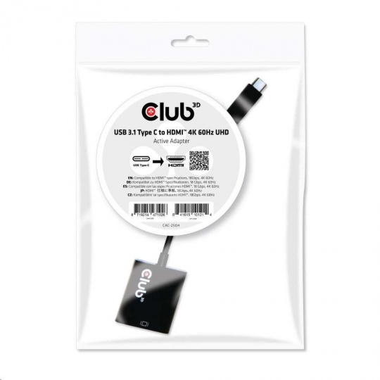 Club3D Adaptér aktivní USB 3.1 typ C na HDMI 2.0 UHD 4K60Hz HDR, 17cm