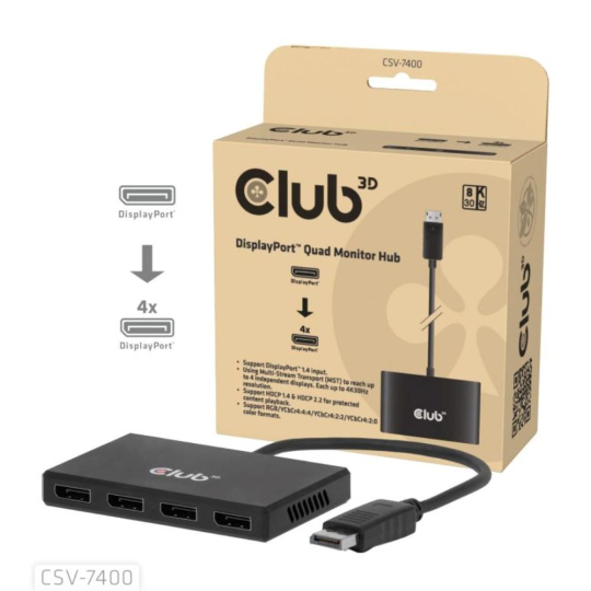Club3D hub MST (Multi Stream Transport) DisplayPort 1.4 na 4x DisplayPort, Quad monitor, 4x 4K30Hz, 8K30Hz Club3D hub MST (Multi Stream Transport) DisplayPort 1.4 na 4x DisplayPort, Quad monitor, 4x 4K30Hz, 8K30Hz