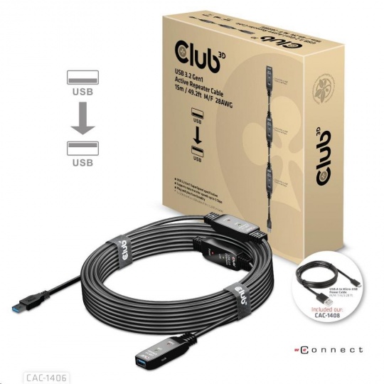 Kábel USB Club3D 3.2 Kábel aktívneho opakovača Gen1 M/F 28AWG, 15 m