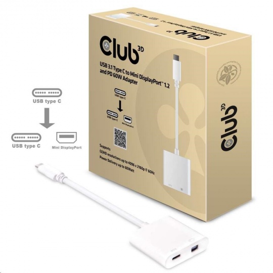 Club3D Adaptér USB 3.1 typ C na Mini DisplayPort 1.2 4K60Hz UHD/USB typ C (M/F), 18cm + PD 60W